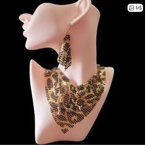 Leopard print gold mesh scarf necklace and earring set